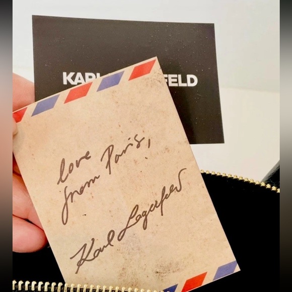 NWT Women KARL LAGERFELD Long Black Genuine Leather Satchel East West Bag Charms - Picture 11 of 15